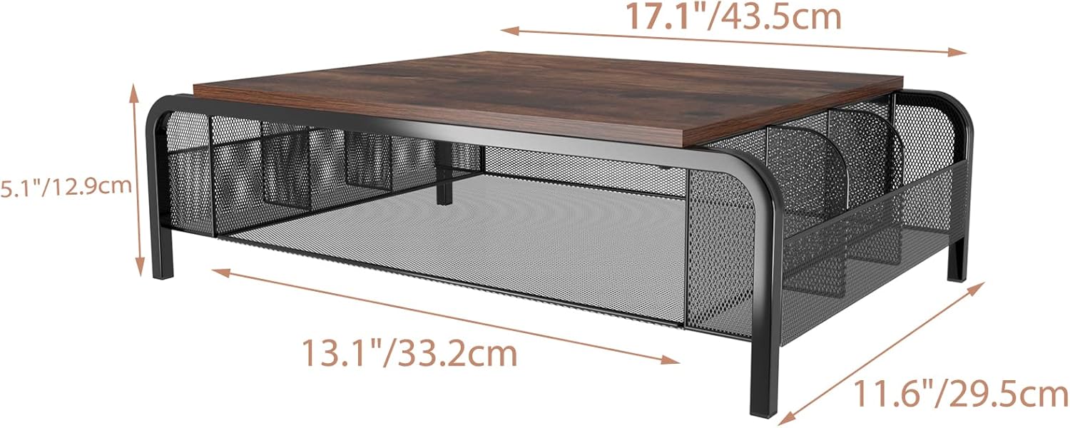 Metal Desk Monitor Stand Riser with Organizer Drawer, Rustic Monitor Riser for Computer, Small Printer, Laptop, Black and Brown