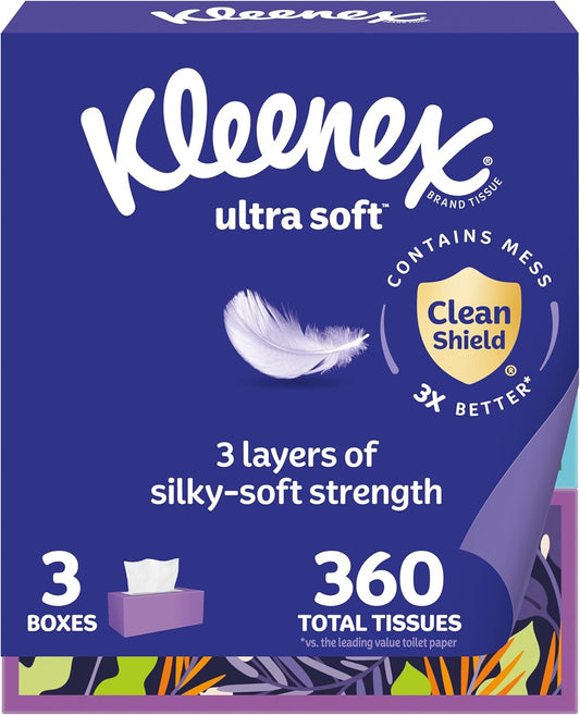 Ultra Soft Facial Tissues, 3 Flat Boxes, 120 Tissues per Box, 3-Ply (360 Total), Packaging May Vary
