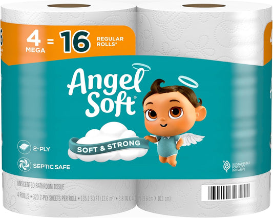 Toilet Paper, 4 Mega Rolls = 16 Regular Rolls, Soft and Strong Toilet Tissue