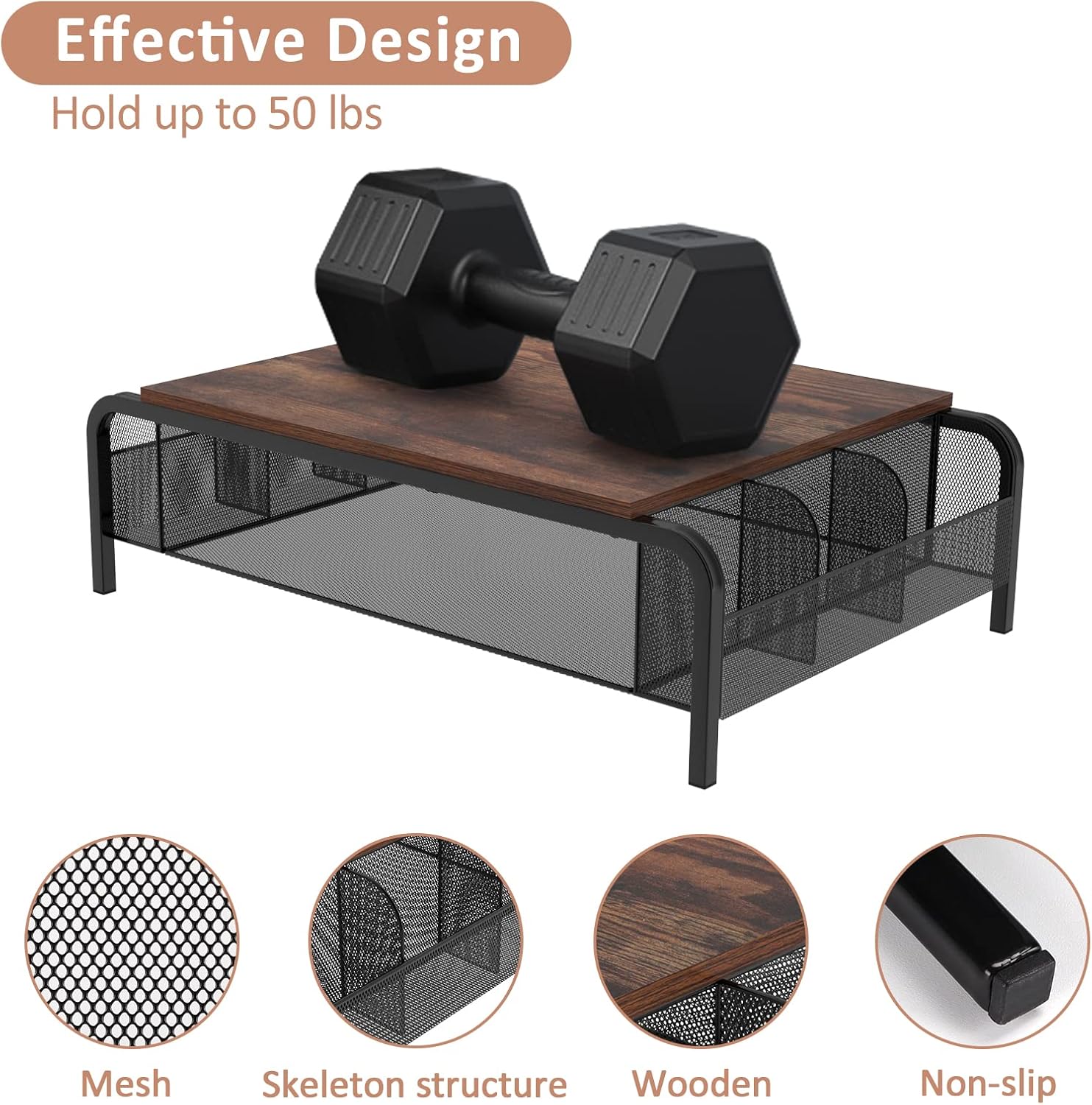 Metal Desk Monitor Stand Riser with Organizer Drawer, Rustic Monitor Riser for Computer, Small Printer, Laptop, Black and Brown