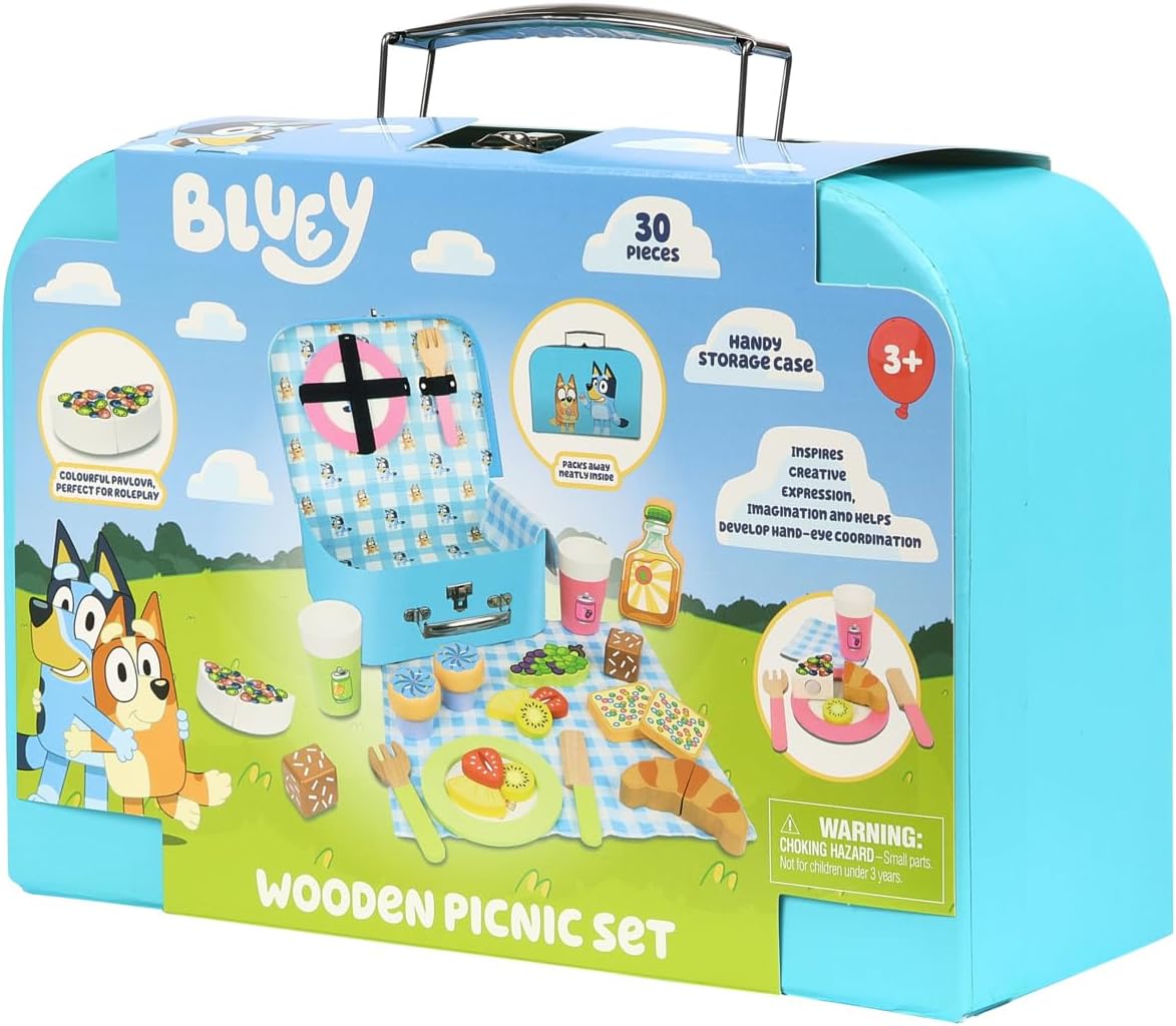 – Picnic Basket Set – 30 Piece Wooden Roleplay Toy with Carry Case, Cutlery & Pretend Food Accessories for Kids – Fsc-Certified Material – Fun Imaginative Kit for 3 Years and Up