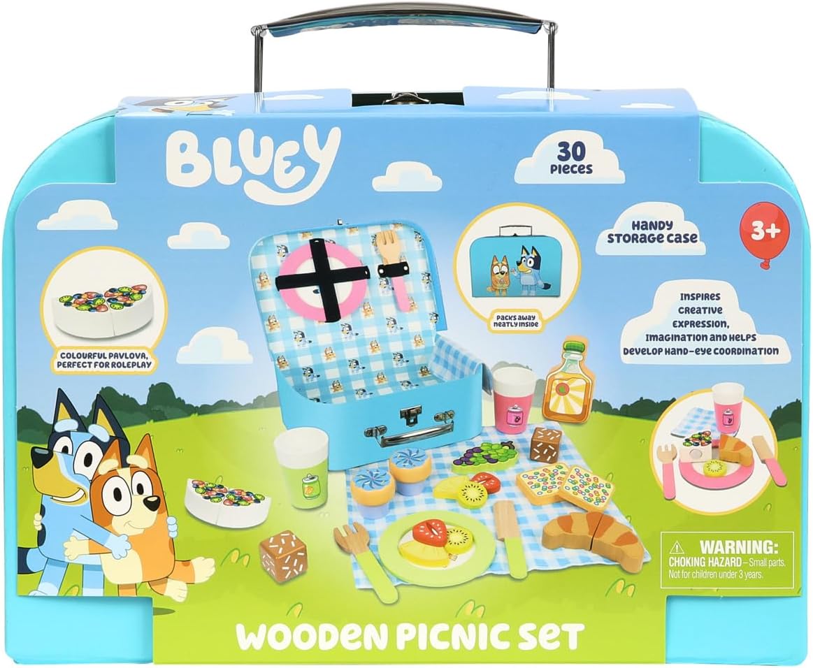– Picnic Basket Set – 30 Piece Wooden Roleplay Toy with Carry Case, Cutlery & Pretend Food Accessories for Kids – Fsc-Certified Material – Fun Imaginative Kit for 3 Years and Up
