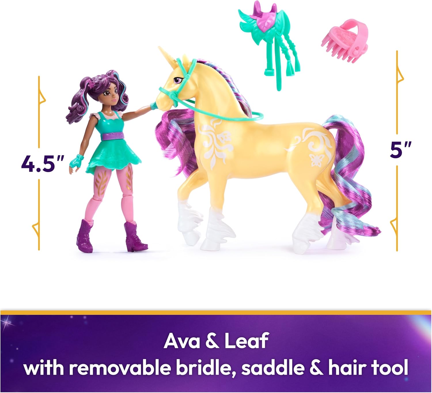 , Ava & Leaf with 2 Accessories & Hair Tool, Dolls & Unicorn Toys for Girls Ages 4 and Up