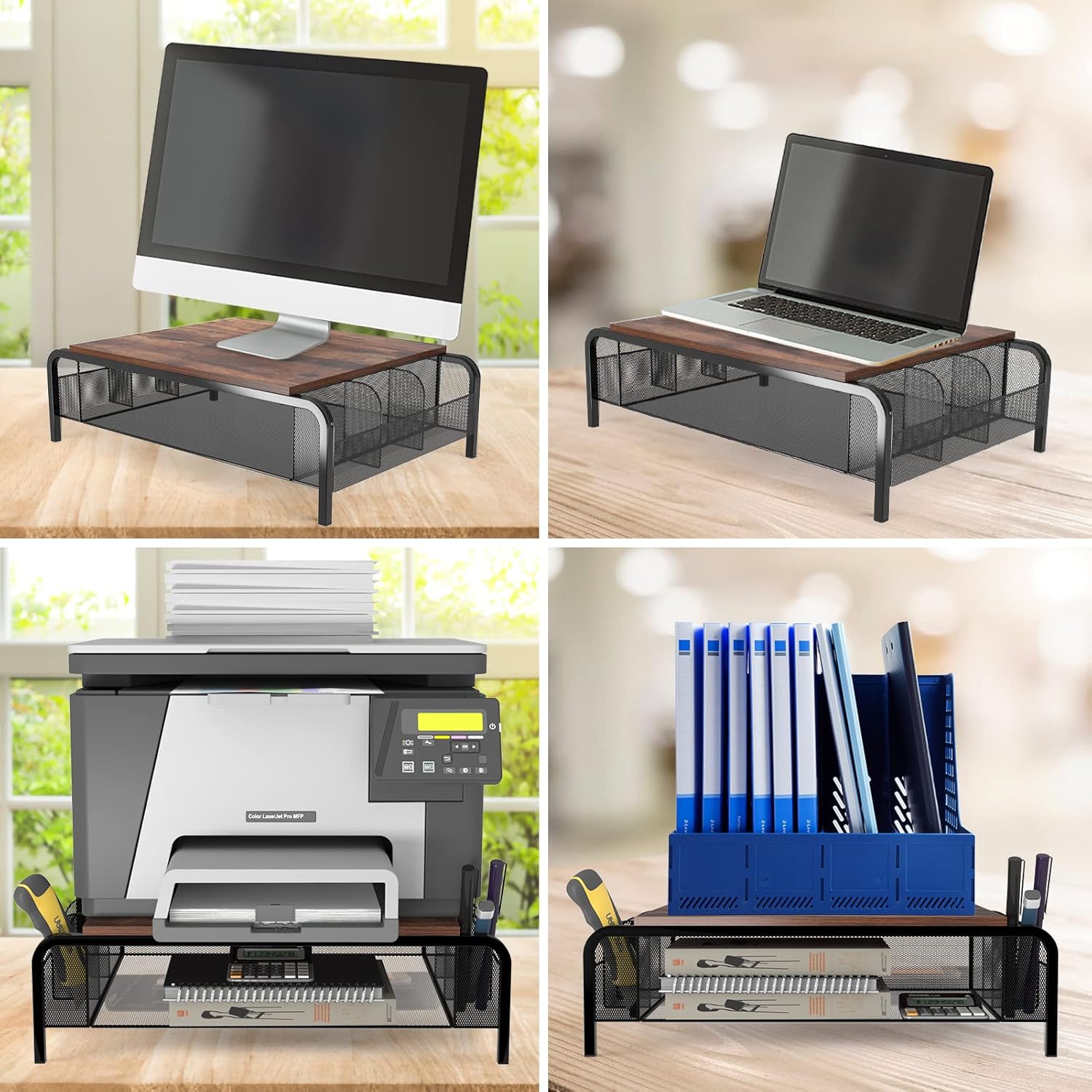 Metal Desk Monitor Stand Riser with Organizer Drawer, Rustic Monitor Riser for Computer, Small Printer, Laptop, Black and Brown