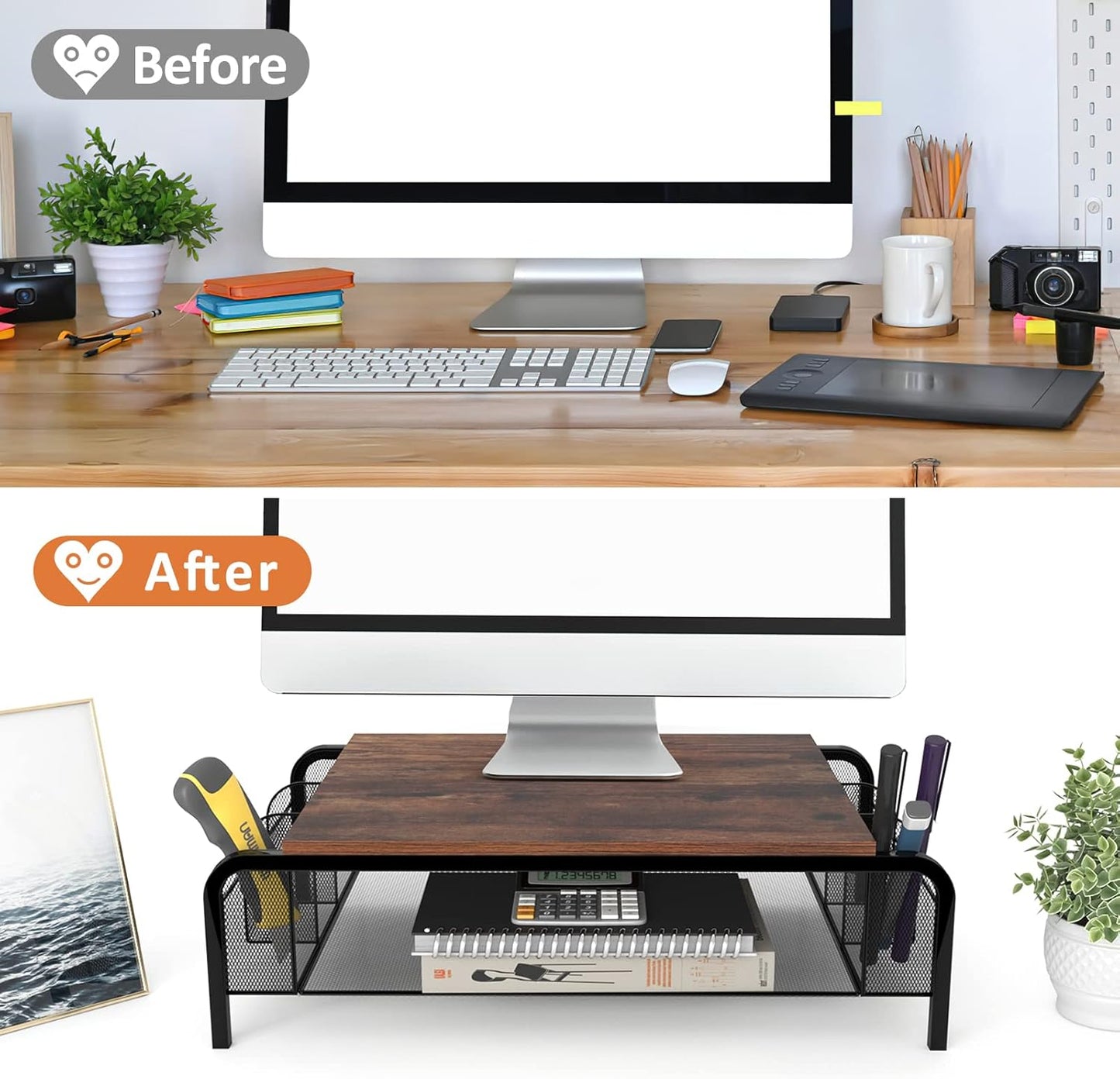 Metal Desk Monitor Stand Riser with Organizer Drawer, Rustic Monitor Riser for Computer, Small Printer, Laptop, Black and Brown