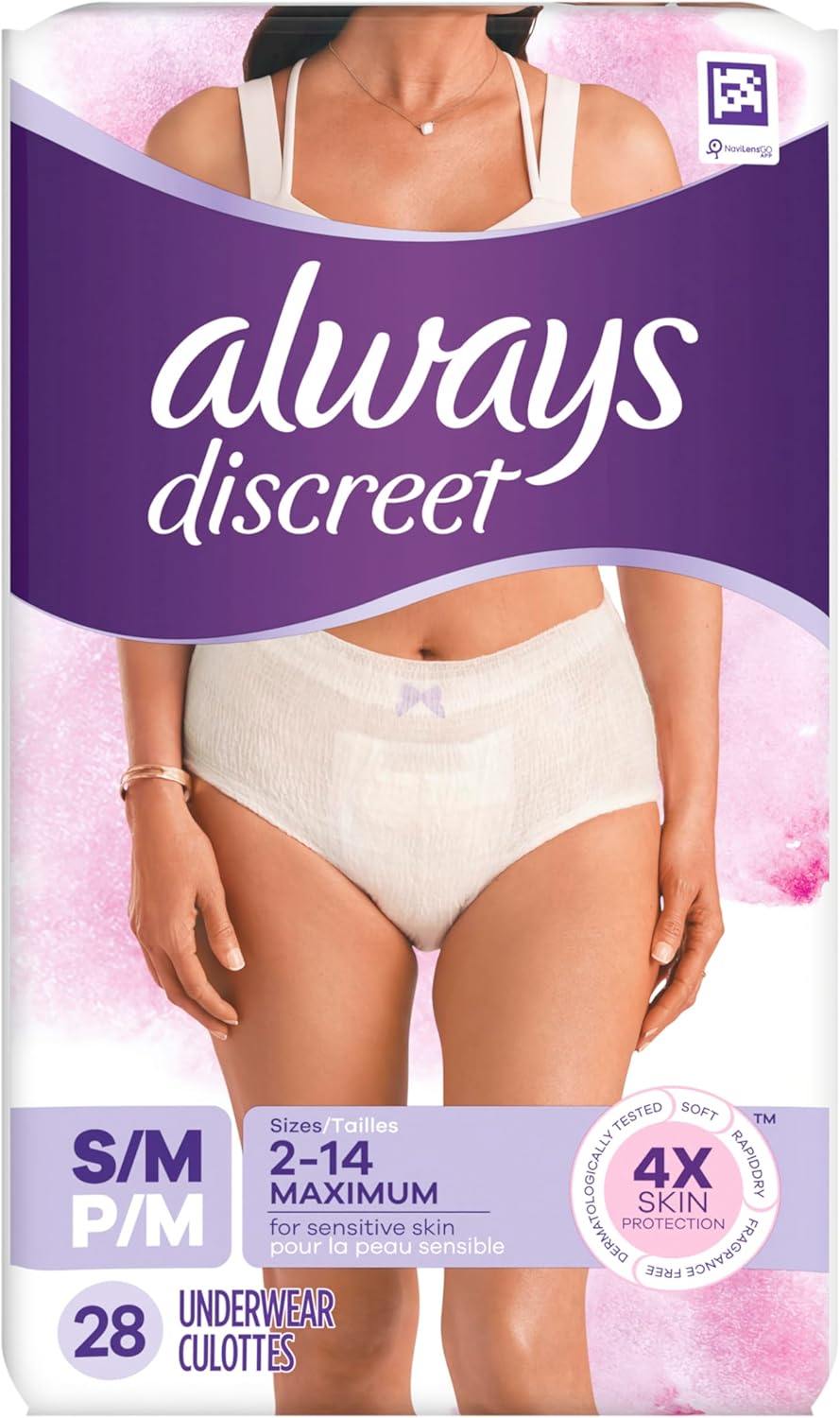 Discreet Sensitive, Incontinence & Postpartum Underwear for Women, Maximum plus Protection, Small/Medium, 28 Count