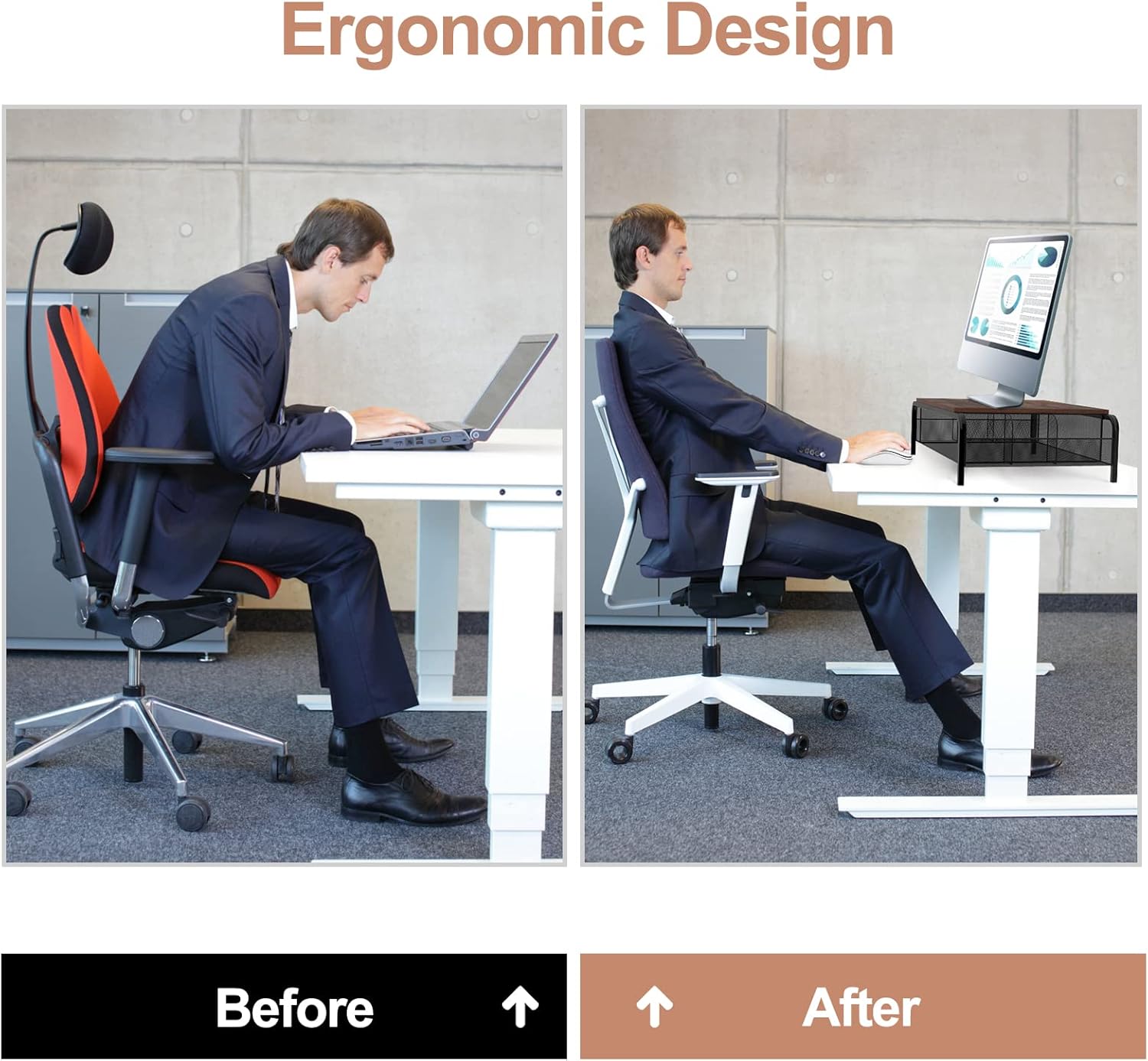 Metal Desk Monitor Stand Riser with Organizer Drawer, Rustic Monitor Riser for Computer, Small Printer, Laptop, Black and Brown