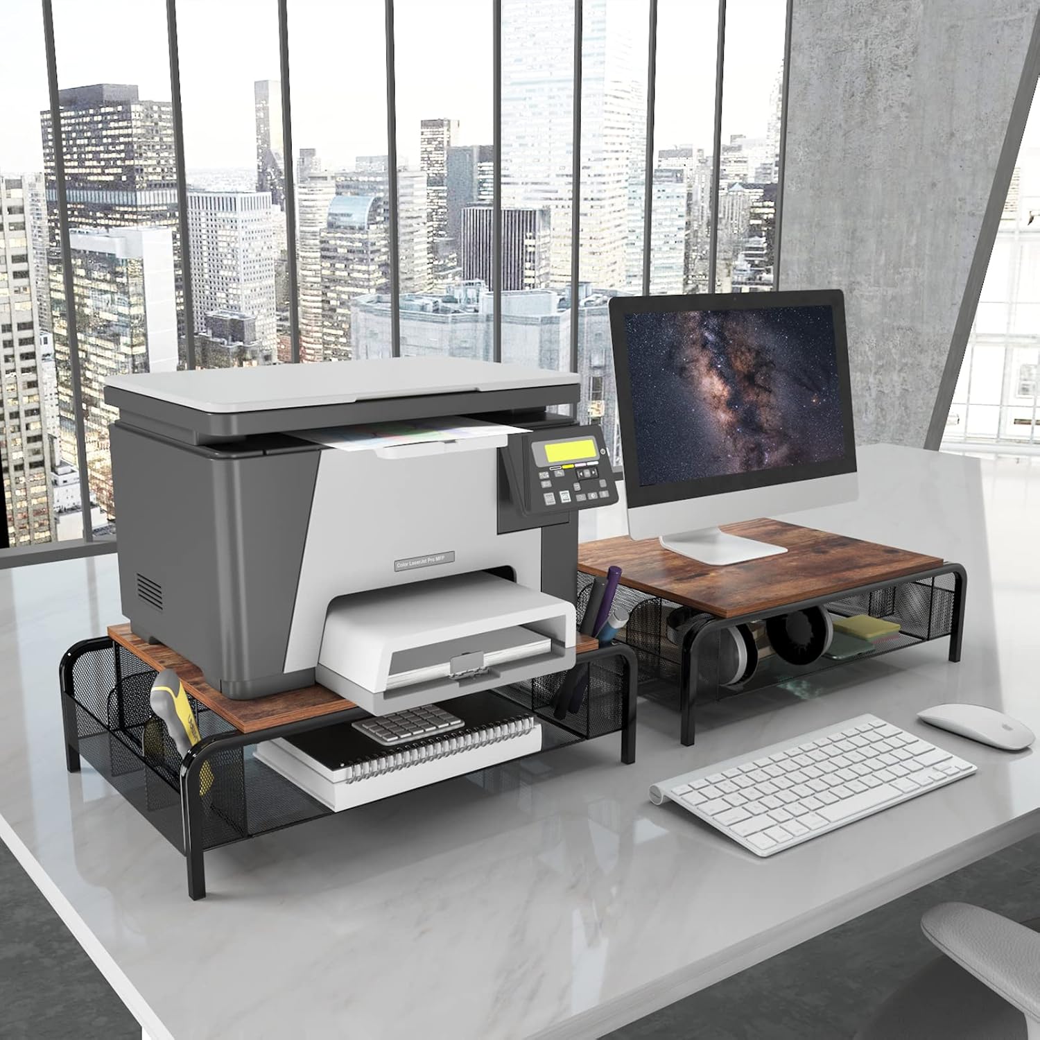 Metal Desk Monitor Stand Riser with Organizer Drawer, Rustic Monitor Riser for Computer, Small Printer, Laptop, Black and Brown