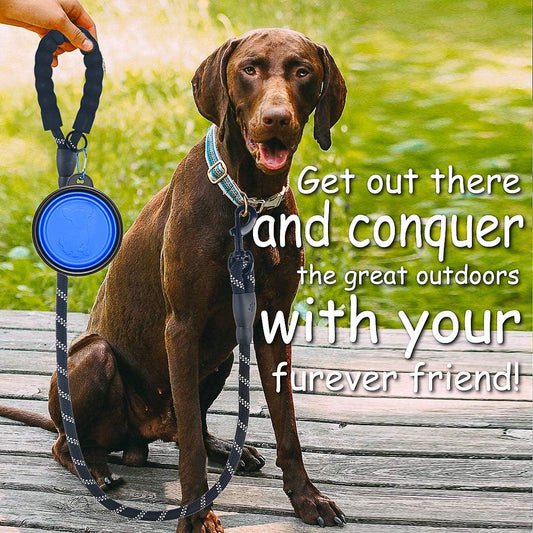 1 Dog Leash 2FT/5FT/6 FT Thick Durable Nylon Dog Rope - Comfortable Padded Handle Reflective Rope Dog Leash for Medium Large Dogs with Collapsible Pet Bowl and Garbage Bags (Black, 1/2" X 5 FT)