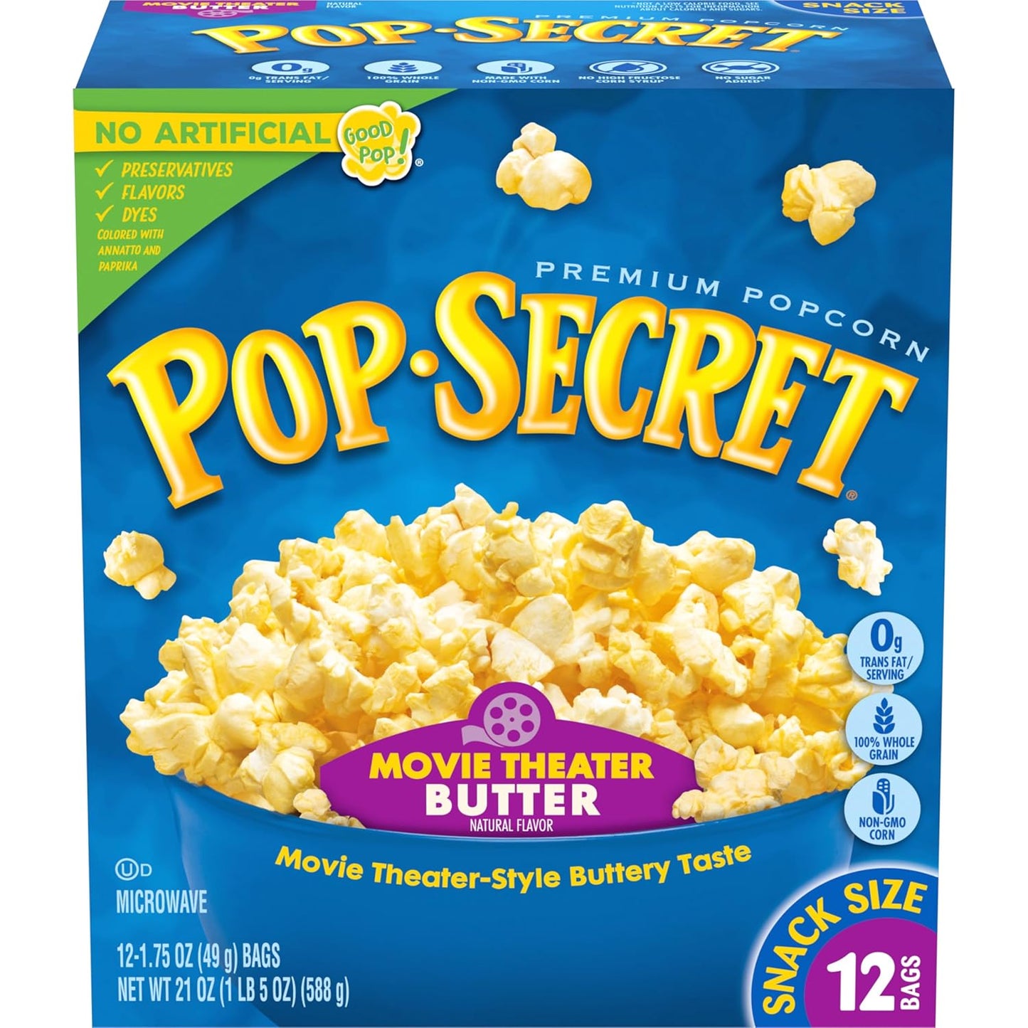 Microwave Popcorn, Movie Theater Butter Flavor, 1.75 Oz Snack Bags, (Pack of 12)
