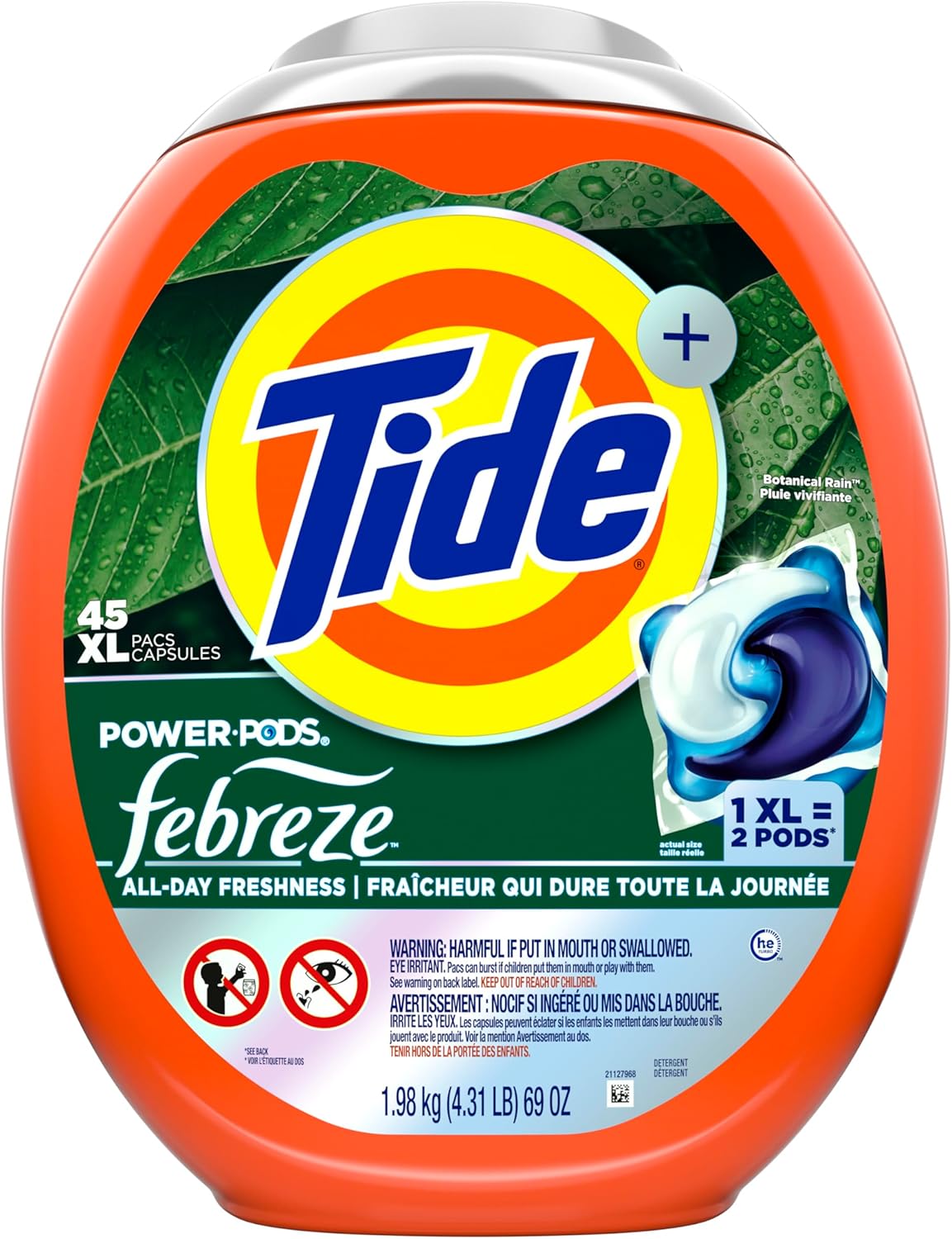 Power Pods Laundry Detergent Pacs with Febreze Freshness with Odor Eliminators, Botanical Rain Scent, 45 Count