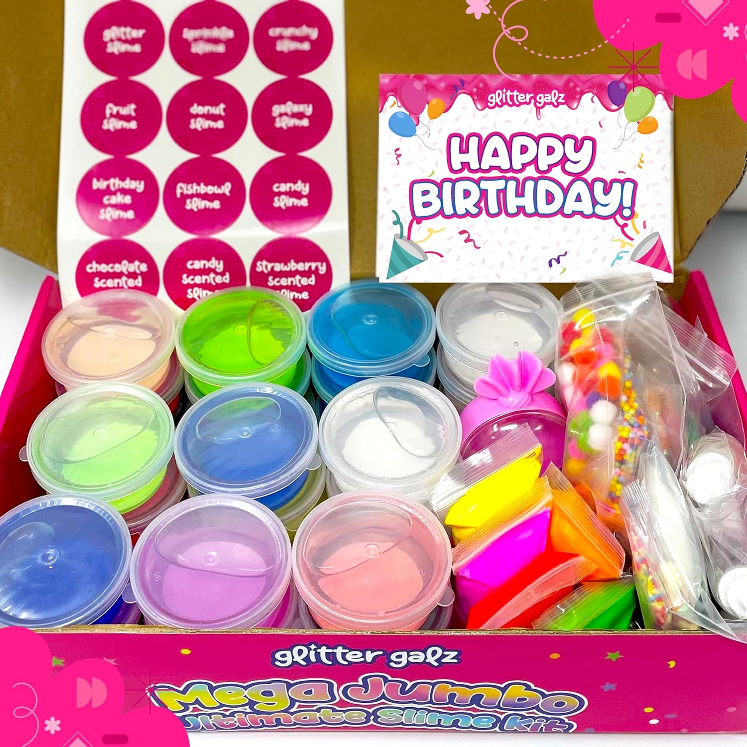 75-Pc Jumbo Mega Birthday Party Slime Kit for Girls Ages 6 7 8 9 10, 11 and 12-30 DIY Slime Pack Soft, Color Slime Gels, Cloud, Clear, Butter, Glitter, Crunchy, and Glow in Dark Slime Making Kits