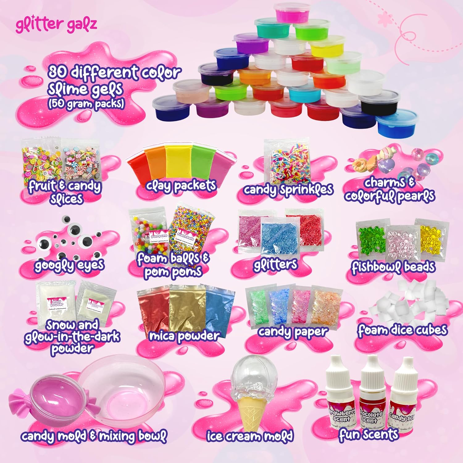 75-Pc Jumbo Mega Birthday Party Slime Kit for Girls Ages 6 7 8 9 10, 11 and 12-30 DIY Slime Pack Soft, Color Slime Gels, Cloud, Clear, Butter, Glitter, Crunchy, and Glow in Dark Slime Making Kits
