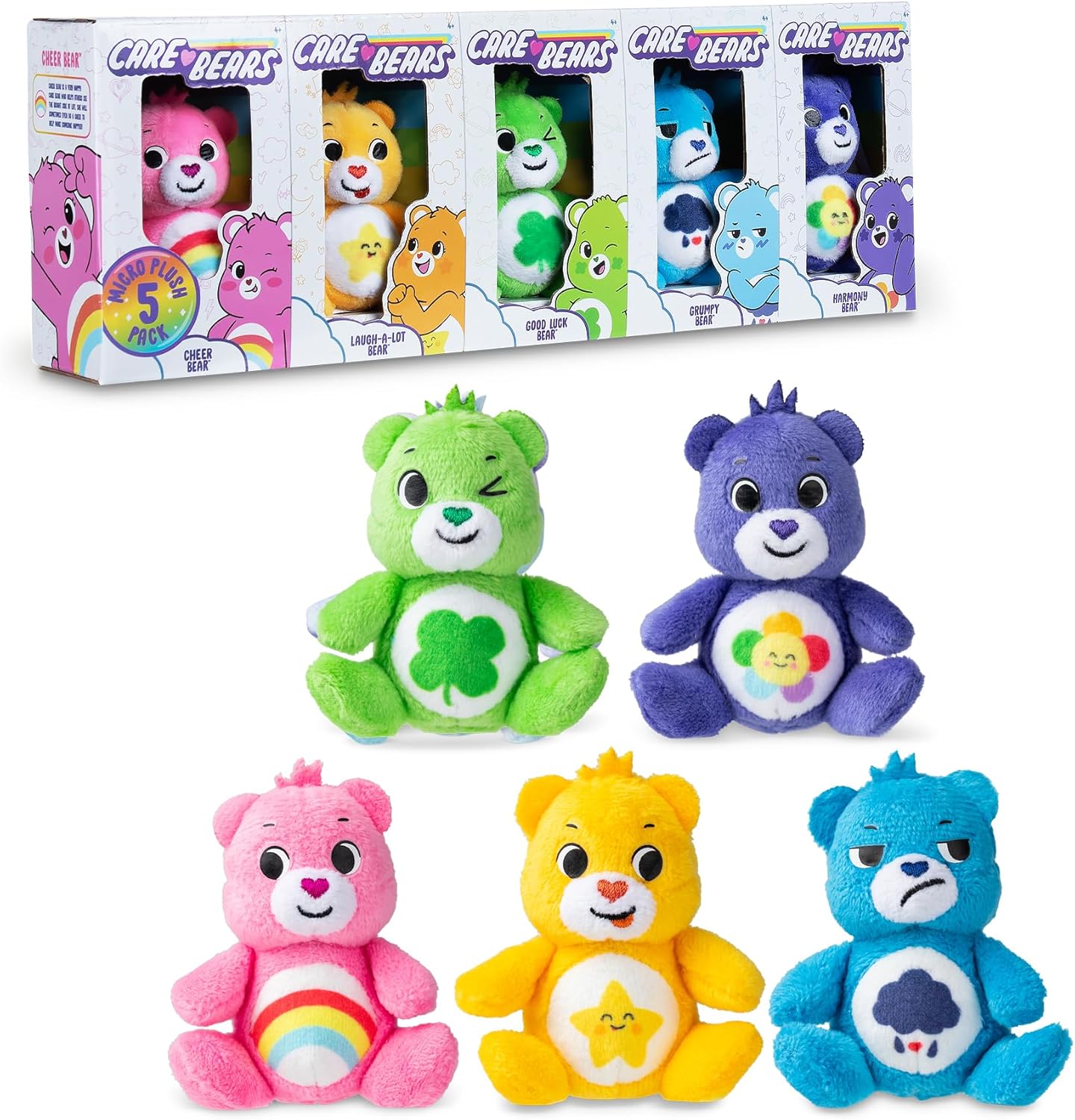 Care Bears 3" Micro Plush 5-Pack Treasure Box - Cheer, Laugh A-Lot, Good Luck, Grumpy and Harmony Bear