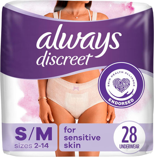 Discreet Sensitive, Incontinence & Postpartum Underwear for Women, Maximum plus Protection, Small/Medium, 28 Count
