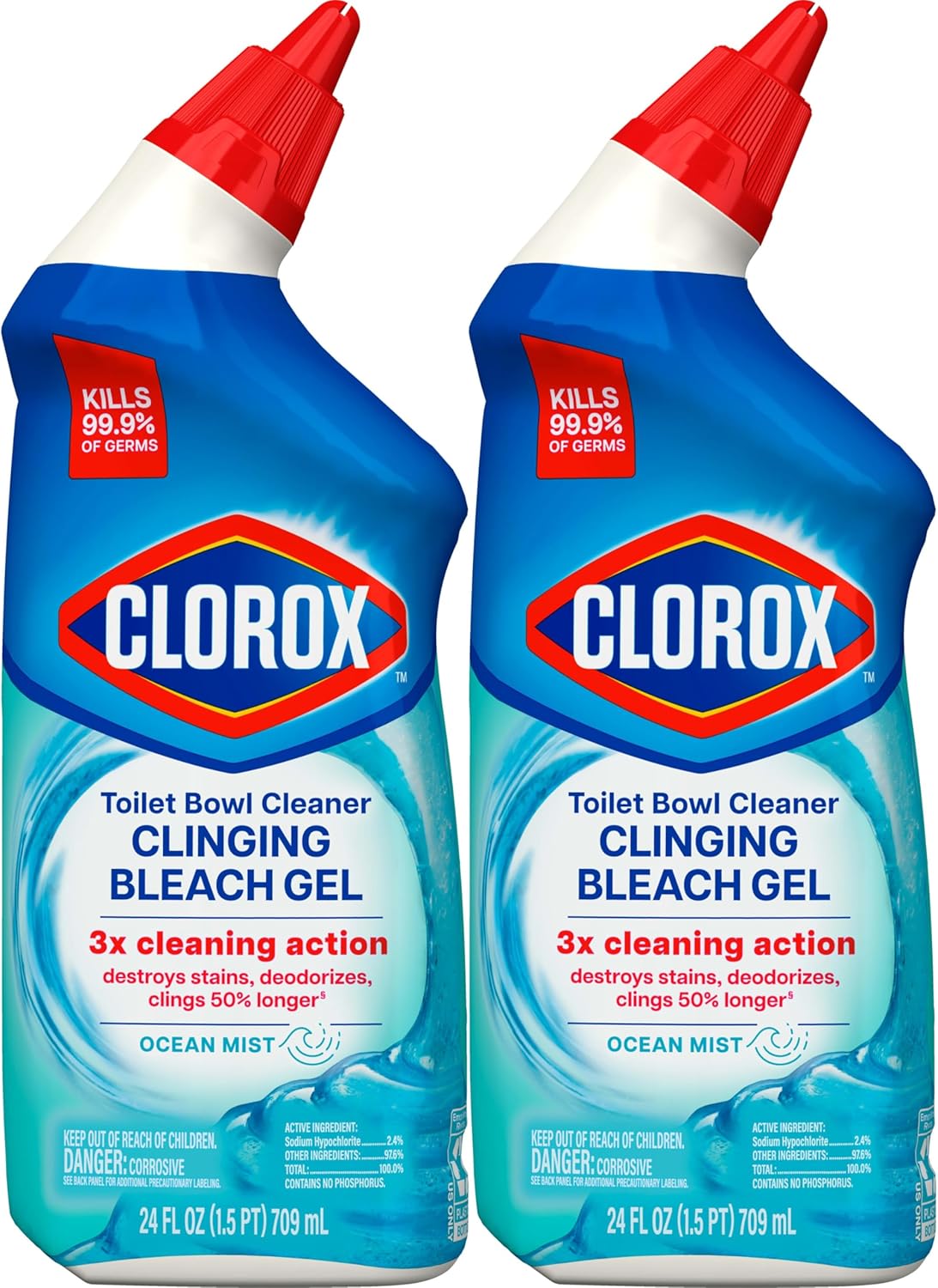 Toilet Bowl Cleaner, Clinging Bleach Gel, Ocean Mist - 24 Ounces, Pack of 2
