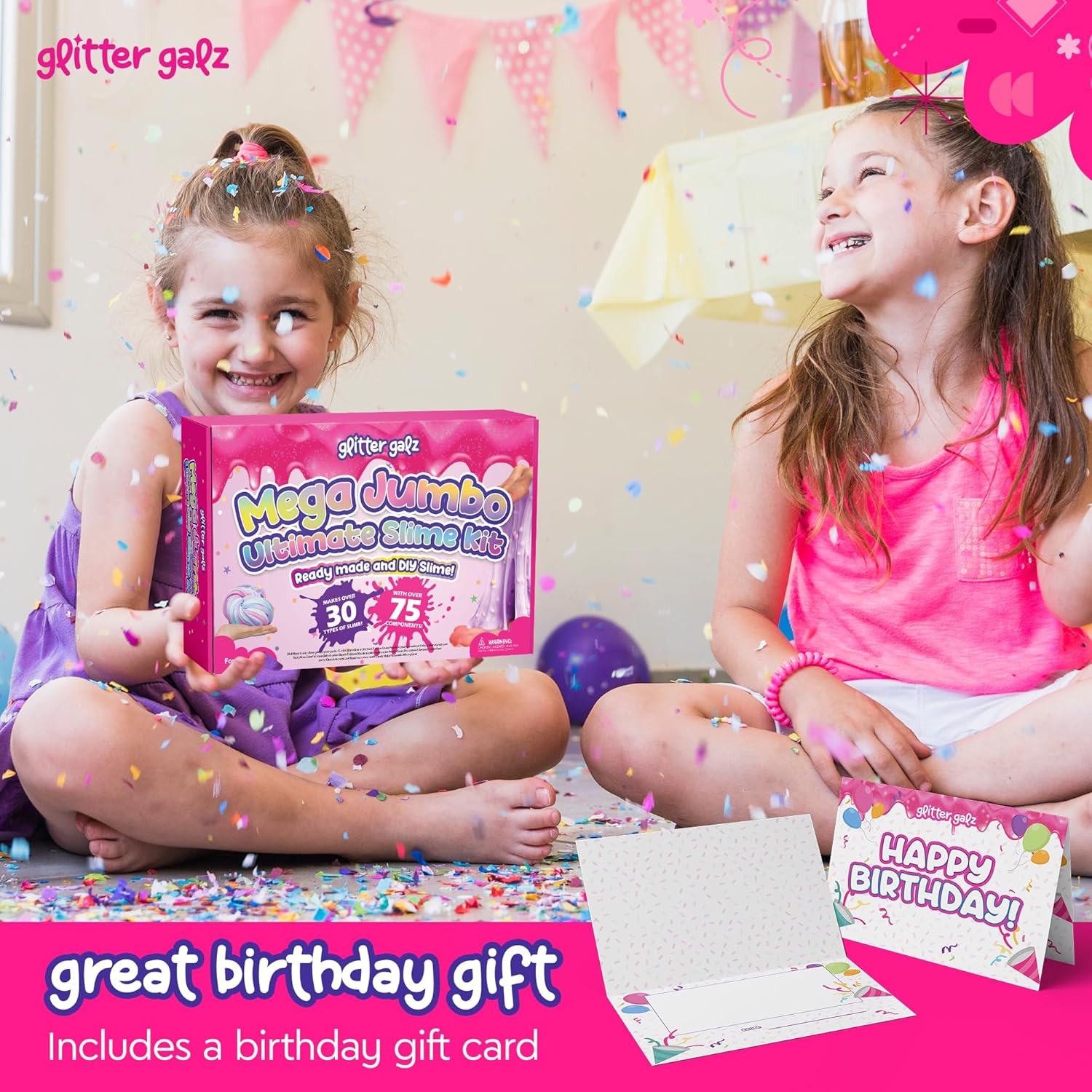 75-Pc Jumbo Mega Birthday Party Slime Kit for Girls Ages 6 7 8 9 10, 11 and 12-30 DIY Slime Pack Soft, Color Slime Gels, Cloud, Clear, Butter, Glitter, Crunchy, and Glow in Dark Slime Making Kits