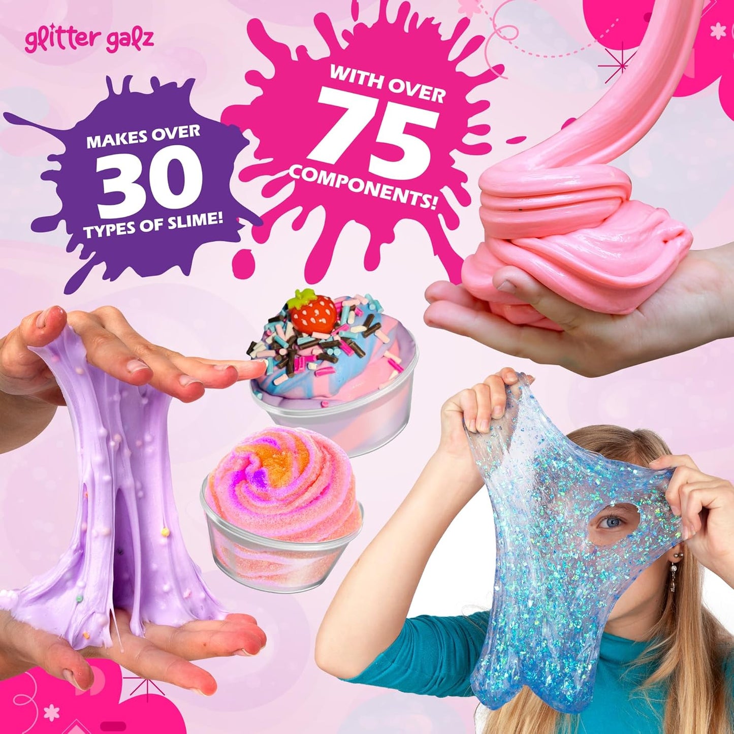 75-Pc Jumbo Mega Birthday Party Slime Kit for Girls Ages 6 7 8 9 10, 11 and 12-30 DIY Slime Pack Soft, Color Slime Gels, Cloud, Clear, Butter, Glitter, Crunchy, and Glow in Dark Slime Making Kits