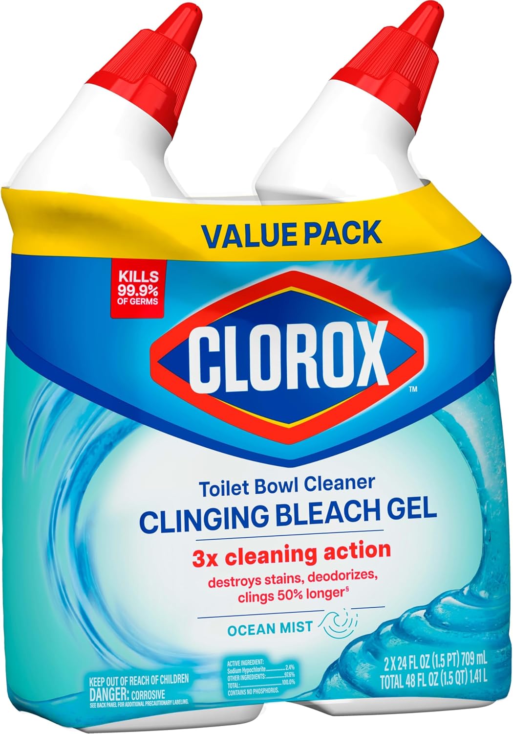 Toilet Bowl Cleaner, Clinging Bleach Gel, Ocean Mist - 24 Ounces, Pack of 2
