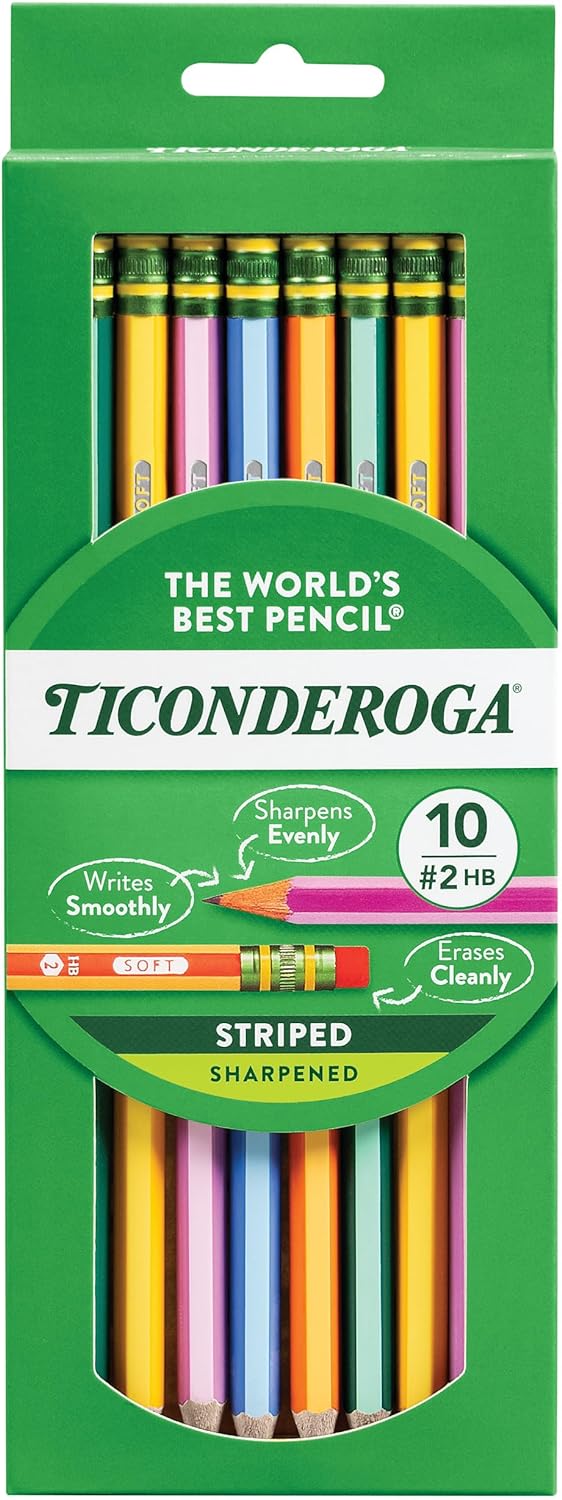 X13910 Striped Wood-Cased Pencils, 2 HB Soft, Pre-Sharpened, 10 Count, Assorted Colors
