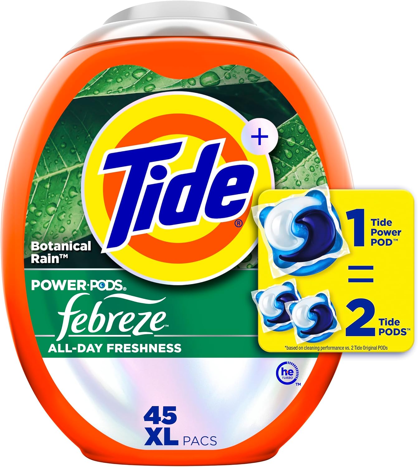 Power Pods Laundry Detergent Pacs with Febreze Freshness with Odor Eliminators, Botanical Rain Scent, 45 Count