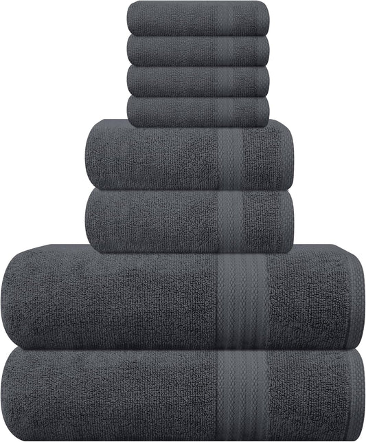 Ultra Soft 8-Piece Towel Set - 100% Pure Ringspun Cotton, Contains 2 Oversized Bath Towels 27X54, Hand 16X28, 4 Wash Cloths 13X13 Ideal for Everyday Use, Hotel & Spa -Charcoal Grey