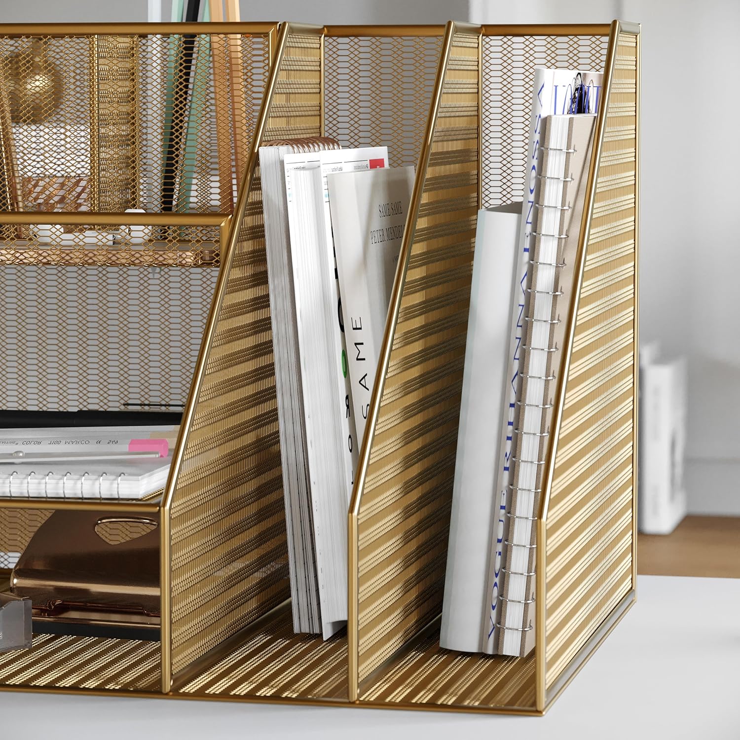 Ryder Gold Mesh Metal Large Desktop Organizer with Magazine File Holder, Pen Holder, and Storage