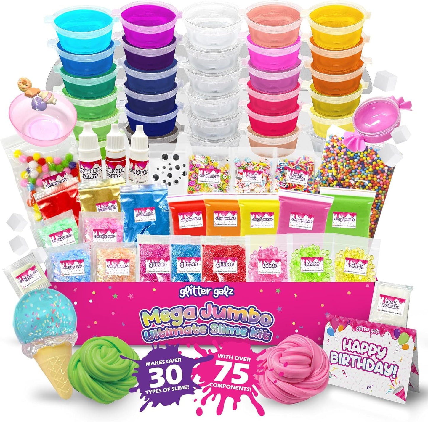 75-Pc Jumbo Mega Birthday Party Slime Kit for Girls Ages 6 7 8 9 10, 11 and 12-30 DIY Slime Pack Soft, Color Slime Gels, Cloud, Clear, Butter, Glitter, Crunchy, and Glow in Dark Slime Making Kits