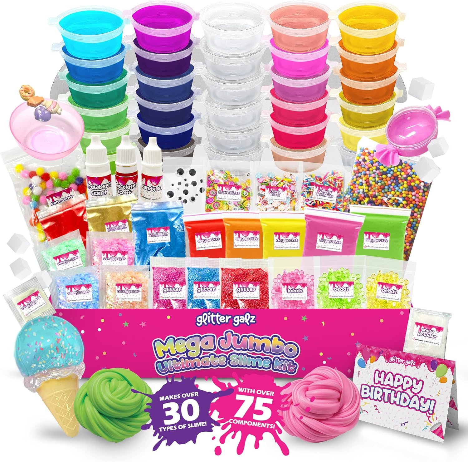75-Pc Jumbo Mega Birthday Party Slime Kit for Girls Ages 6 7 8 9 10, 11 and 12-30 DIY Slime Pack Soft, Color Slime Gels, Cloud, Clear, Butter, Glitter, Crunchy, and Glow in Dark Slime Making Kits
