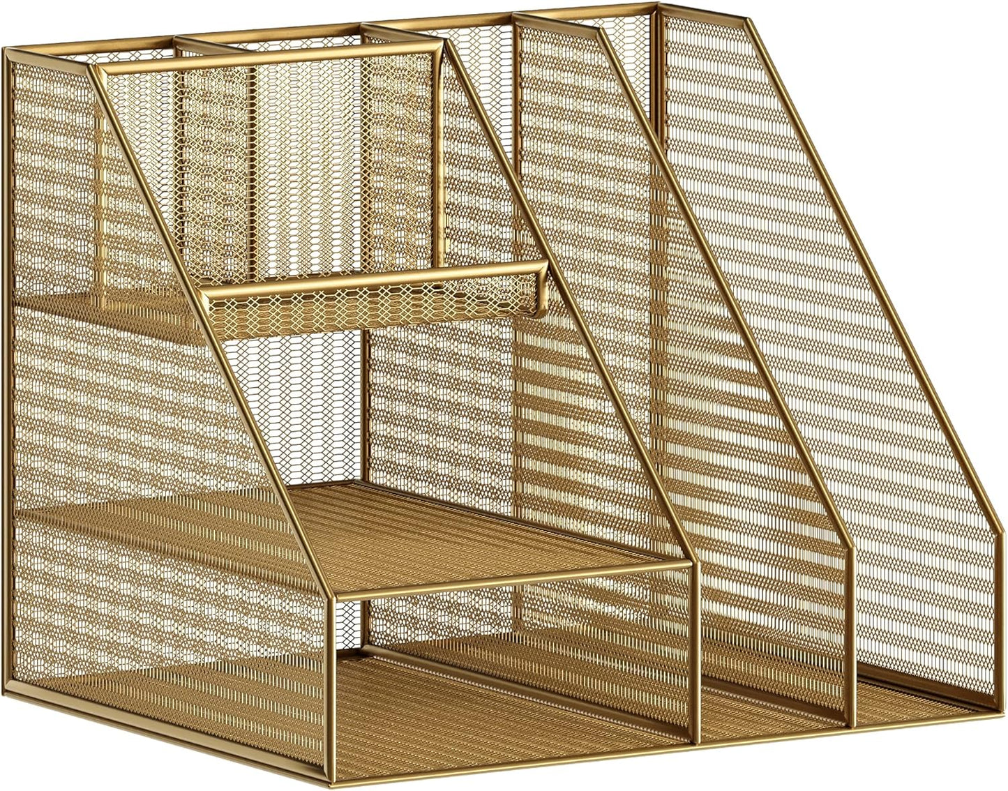 Ryder Gold Mesh Metal Large Desktop Organizer with Magazine File Holder, Pen Holder, and Storage