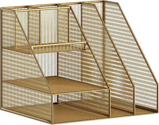 Ryder Gold Mesh Metal Large Desktop Organizer with Magazine File Holder, Pen Holder, and Storage