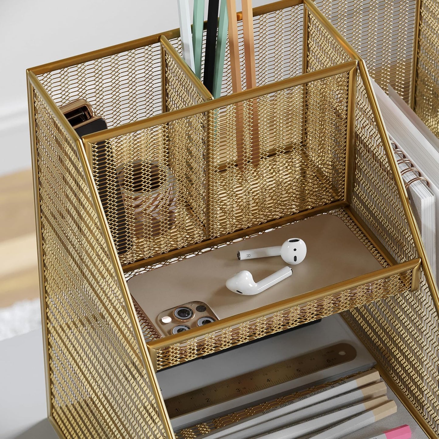 Ryder Gold Mesh Metal Large Desktop Organizer with Magazine File Holder, Pen Holder, and Storage