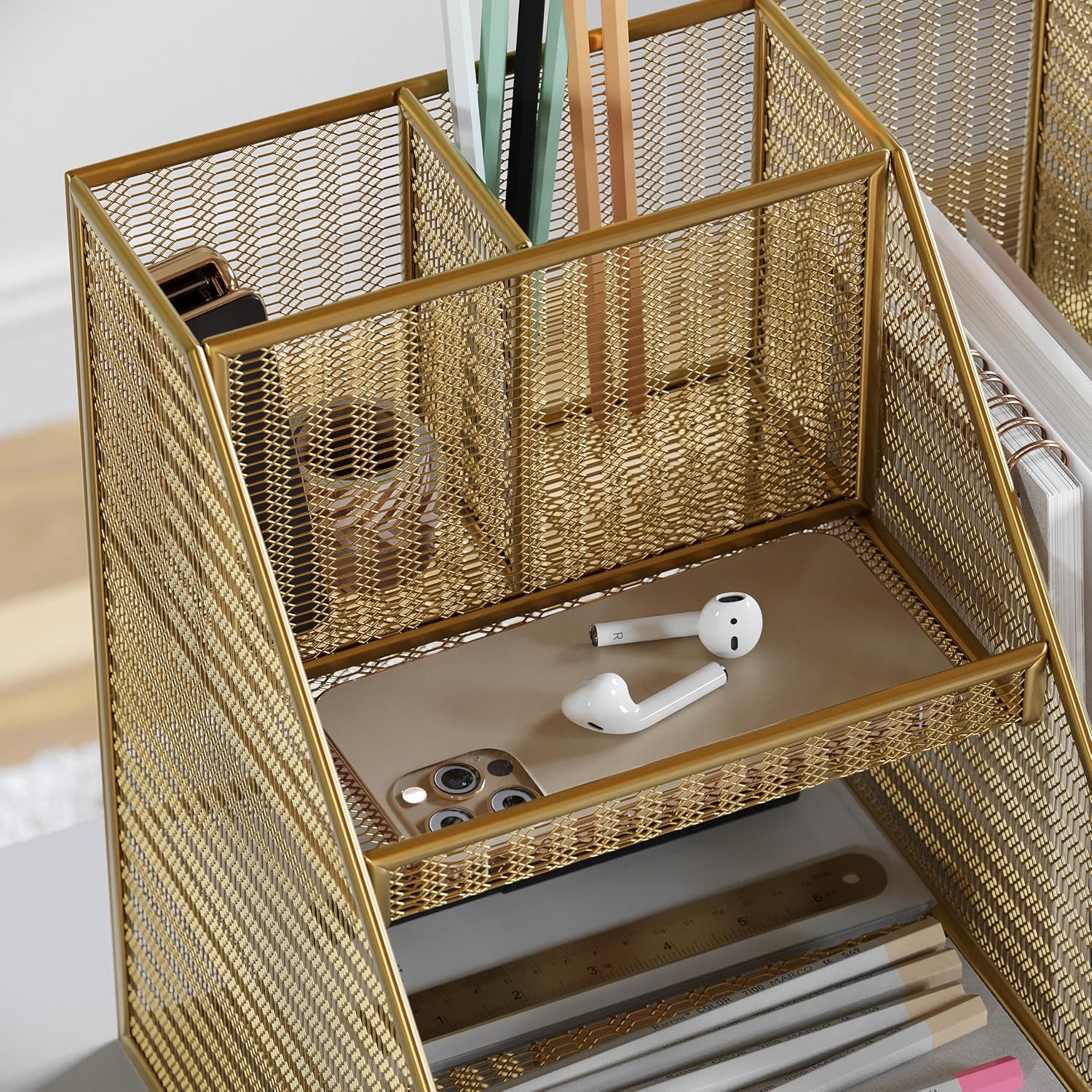 Ryder Gold Mesh Metal Large Desktop Organizer with Magazine File Holder, Pen Holder, and Storage