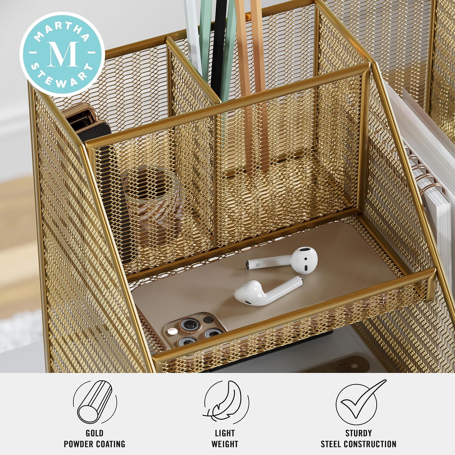 Ryder Gold Mesh Metal Large Desktop Organizer with Magazine File Holder, Pen Holder, and Storage