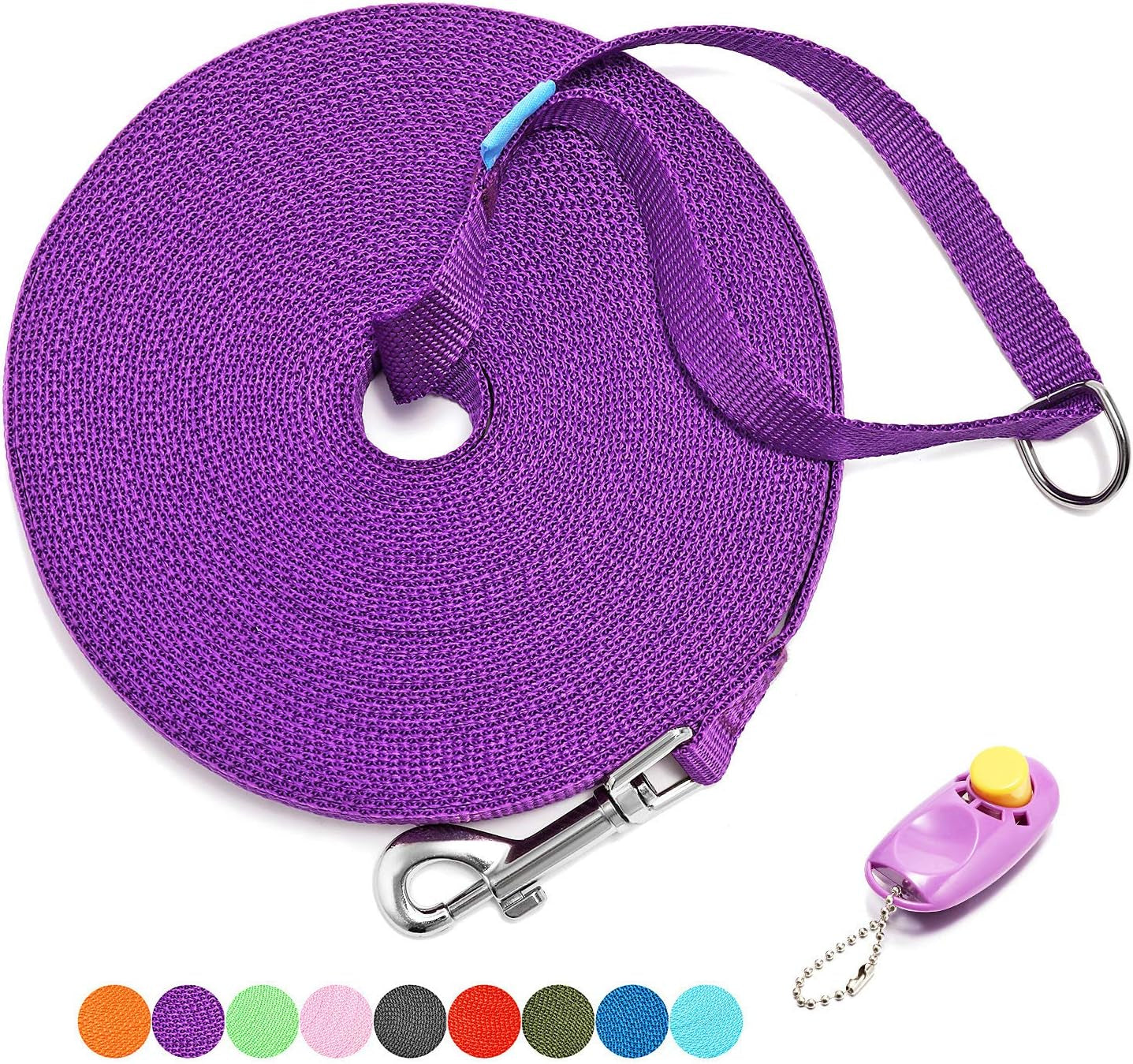 15/20/30/50/100 Ft Long Dog Training Leash with Clickers for Small, Medium and Large Dogs or Cats (30 Feet, Purple)