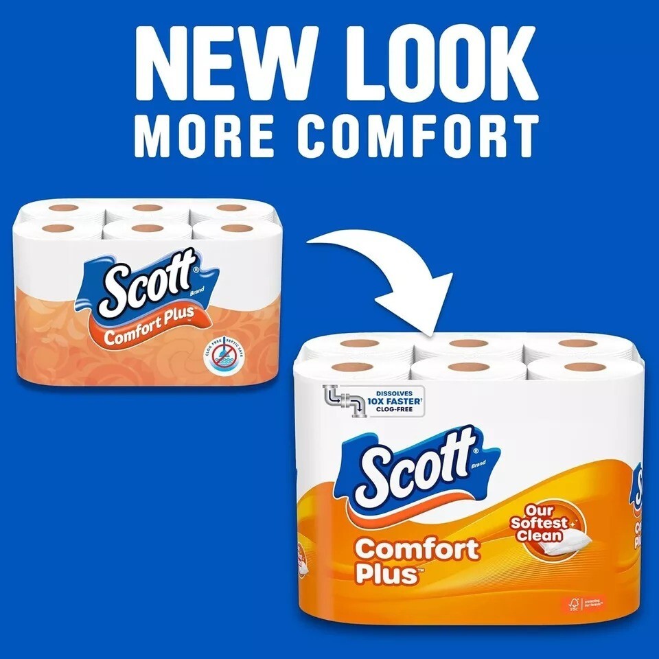 Scott Comfortplus Toilet Paper, 12 Double Rolls,231 Sheets per Roll, Septic Safe